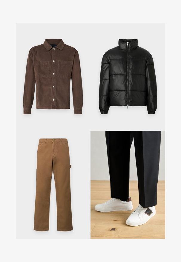 Fekete puffernadrág magas gallérral, cipzáras elülső záródással, steppelt kialakítással, elasztikus mandzsettákkal és fényes, sima szövetfelülettel.; Barna kordbársony ingdzseki hosszú ujjakkal, két elülső zsebbel és ezüst gombokkal a záródásnál, klasszikus galléros kialakítással.; Barna pamut cargo nadrág egyenes lábakkal, oldalsó zsebekkel és fém gombos zárással a deréknál. Sima textúra és laza dizájn.; Fehér sneaker, sima textúrával, barna bőr díszítéssel és fekete részletekkel, fekete szabott nadrággal párosítva. Fából készült padló háttér.