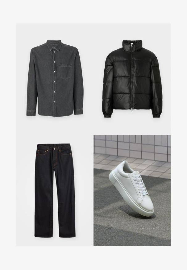 Čierna páperová bunda s vysokým golierom, predným zipsom, prešívaným dizajnom, elastickými manžetami a lesklým hladkým materiálom.; Sivá džínová košeľa na gombíky s dlhými rukávmi, špicatým golierom, prednou vreckom a bielymi gombíkmi. Mäkká textúra s mierne vybledlým povrchom.; Pánske rovné čierne riflové nohavice s piatimi vreckami a oranžovým prešívaním, s gombíkom a zipsom na prednom páse.; Biele kožené tenisky s hladkým povrchom, okrúhlym špičkou a plochými bielymi šnúrkami. Obsahuje štruktúrovanú gumovú podrážku a minimalistický dizajn.