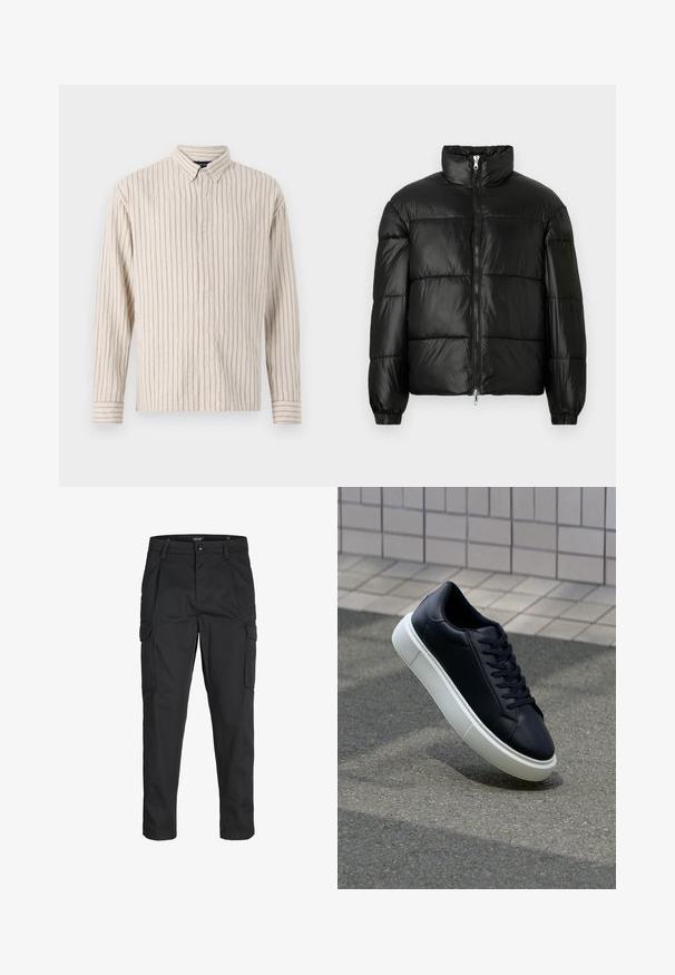 Doudoune noire avec un col montant, fermeture éclair sur le devant, design matelassé, poignets élastiques et finition en tissu lisse et brillant.; Chemise boutonnée couleur crème avec des rayures verticales. Fabriquée en tissu texturé, elle présente un col, des manches longues et une fermeture à boutons à l'avant.; Pantalons cargo noirs en tissu résistant, dotés de plusieurs poches, d'une fermeture par bouton et d'une coupe slim avec des jambes fuselées.; Baskets noires en cuir avec bout arrondi et semelle en caoutchouc blanc. Elles présentent des lacets plats et une couture minimale sur la tige. Semelle texturée pour une bonne adhérence.