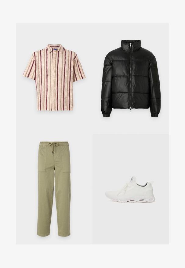 Fekete puffernadrág magas gallérral, cipzáras elülső záródással, steppelt kialakítással, elasztikus mandzsettákkal és fényes, sima szövetfelülettel.; Rövid ujjú gombos ing bézs színben, burgundi és krém csíkokkal, texturált mintával és gallér részlettel.; Világos olíva zöld színű, pamut keverékből készült nadrág, rugalmas derékrésszel és zsinórral, valamint két nagy oldalzsebbel.; Fehér sportcipők, texturált kötött felsőrésszel, lapos fűzőkkel és párnázott talppal, amely látható légkamrákkal rendelkezik a megerősített kényelem érdekében.