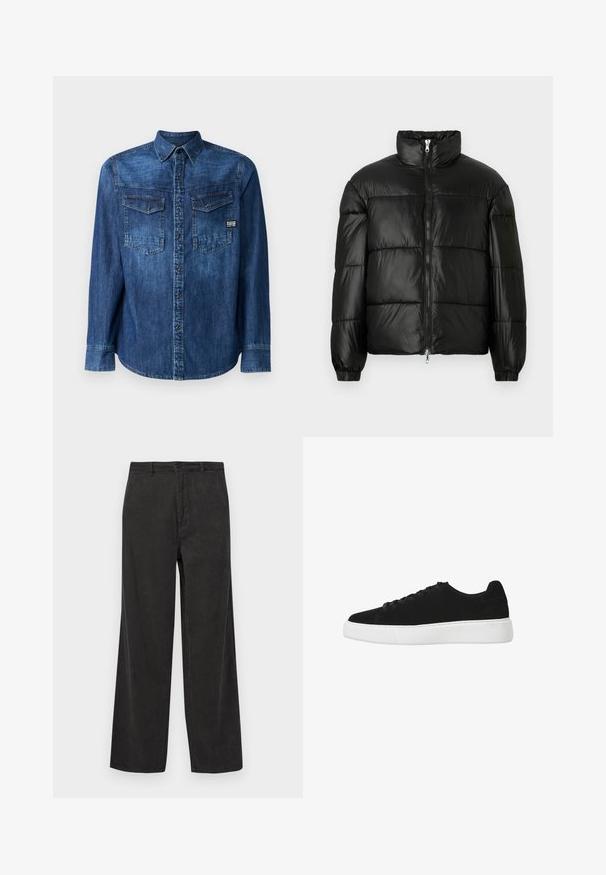 Zwarte pufferjack met een hoge kraag, ritsvoorzijde, gestikt ontwerp, elastische manchetten en een glanzende, gladde stofafwerking.; Denim overhemd, donkerblauw, lange mouwen, knoopsluiting aan de voorkant, twee borstzakken met klep, merklabel aan de onderkant links, standaard kraag.; Zwarte corduroypantalon met een wijdbenig ontwerp, voorzien van een verticale ribbeltextuur, een ritssluiting met knoopsluiting en voorzakken.; Zwarte suède sneaker met een afgeronde neus, vetersluiting aan de voorkant en witte rubberen zool. Eenvoudig ontwerp met minimale accenten en een gladde textuur.