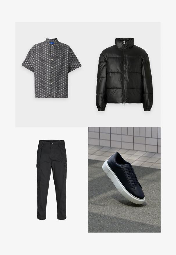 Črna pufasta jakna z visokim ovratnikom, z zadrgo spredaj, prešito zasnovo, elastičnimi manšetami in sijočim, gladkim zaključkom tkanine.; Majica s kratkimi rokavi iz črnega blaga z belim vzorcem listov, s konicasto ovratnico in rjavimi gumbi, enakomerno razporejenimi po sprednji strani.; Črne cargo hlače iz trdnega blaga, ki imajo več žepov, gumbasto zapiranje in ozek kroj z zožanimi nogami.; Črne usnjene superge z zaobljenim prstom in belim gumijastim podplat. Imajo ravne vezalke in minimalno šivanje na zgornjem delu. Teksturirani podplat za oprijem.