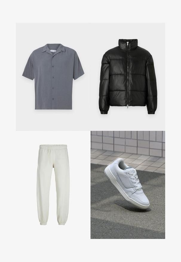 Melna pūkainā jaka ar augstu apkakli, rāvējslēdzēja priekšējo aizdari, quilted dizainu, elastīgām piedurknēm un spīdīgu, gludu auduma apdari.; Īsām piedurknēm, pogājama krekls tumši pelēkā krāsā, izgatavots no gludas auduma. Iespējama izkliedēta apkakle un sešas priekšējās pogas. Minimalistiska dizaina.; Baltas treniņbikses, izgatavotas no mīkstas auduma, ar elastīgu jostu un piedurknēm, gluda tekstūra un brīva piegriezuma dizains.; Baltas ādas sporta apavi ar perforētiem sāniem, teksturētām akcentiem, plakanu šņorēšanu un kontrastējošu pelēku papēdi. Iezīmē nedaudz paaugstinātu zole.