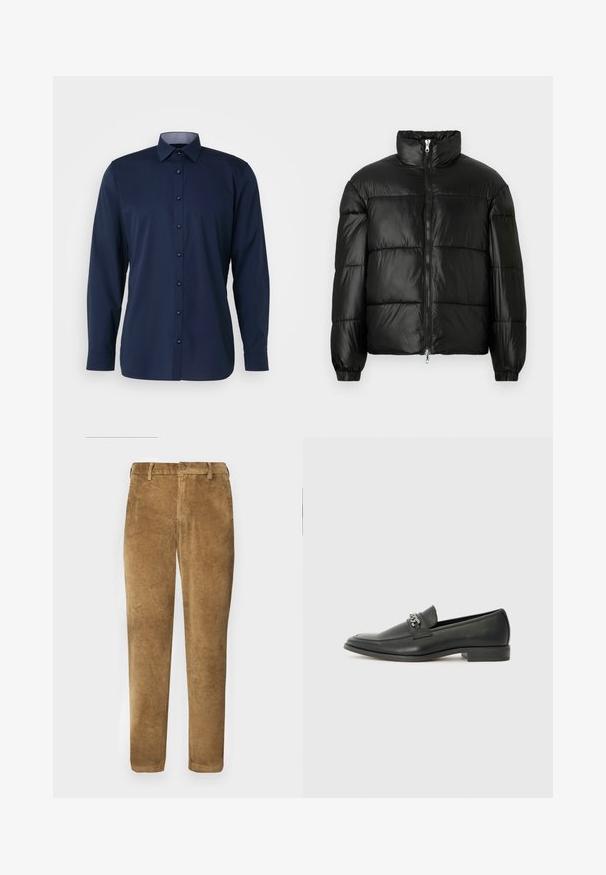 Svart pufferjakke med høy krage, glidelås foran, quiltet design, elastiske mansjetter og blank, glatt stofffinish.; OLYMP No. Six Finskjorte - kobalt; Brune kordfløyelsbukser med vertikal ribbestruktur, rett passform, knappelukking og beltehemper. Glatt stoff med en myk finish.; Sorte skinnloafers med en glatt finish, og med en sydd design og en dekorativ metallkjedeakcent over foten. Flat hæl.