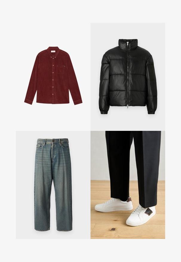 Black puffer jacket with a high collar, zip front closure, quilted design, elastic cuffs, and shiny, smooth fabric finish.; Red corduroy shirt with a button-down collar, long sleeves, front pocket, and gold-tone buttons. Textured fabric.; Light blue denim jeans with a loose fit, mid-rise waist, and straight legs. Features five pockets, belt loops, and a button closure.; White sneakers with smooth texture, featuring brown leather accents and black detailing, paired with black tailored pants. Wooden floor background.