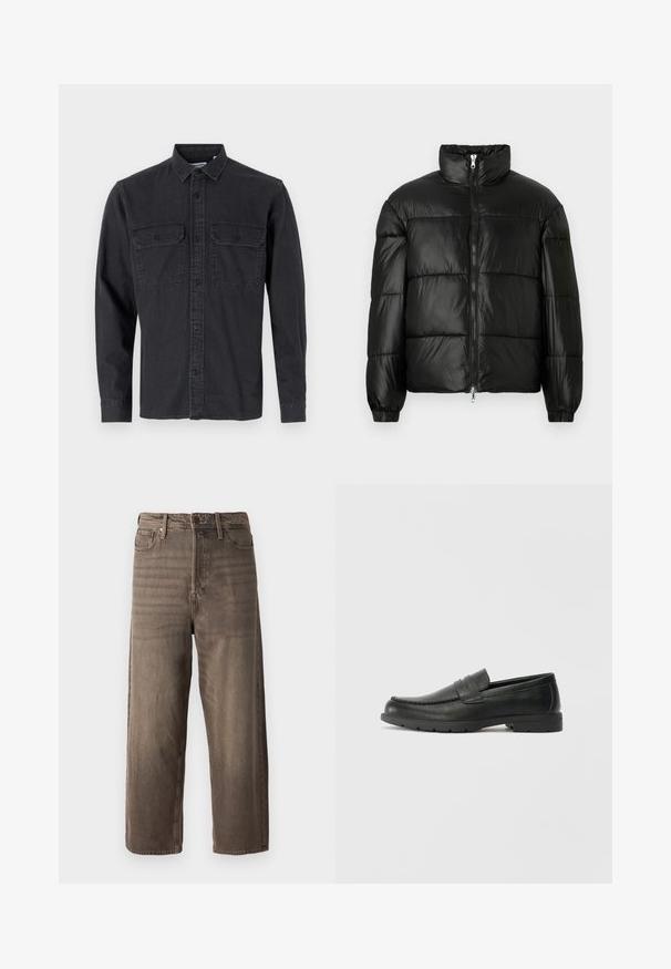 Doudoune noire avec un col montant, fermeture éclair sur le devant, design matelassé, poignets élastiques et finition en tissu lisse et brillant.; Chemise à manches longues, de couleur gris foncé, à boutons, en mélange de coton, avec deux poches poitrine et col classique.; Jeans ample marron en denim. Comprend une fermeture éclair, des passants de ceinture et cinq poches. Le tissu présente une apparence décolorée et texturée.; Mocassins en cuir noir avec une finition lisse, tige de style moccasin, détails cousus et semelle en caoutchouc. Design classique avec un talon bas.
