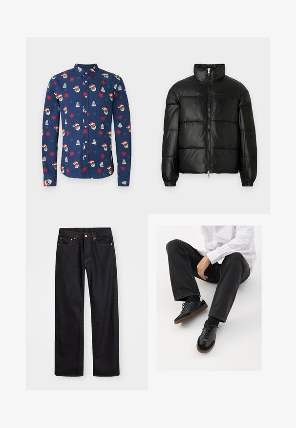 Chaqueta de pluma negra con un cuello alto, cierre frontal con cremallera, diseño acolchado, puños elásticos y acabado de tela brillante y suave.; Camisa de manga larga abotonada en color azul marino, que presenta un patrón festivo de rostros de Santa, copos de nieve y árboles de Navidad en rojo y verde.; Jeans de mezclilla negros de pierna recta para hombre, con cinco bolsillos y costuras en color naranja, cierre de botón y cremallera en la parte delantera de la cintura.; Zapatillas negras con una parte superior suave y texturizada, que cuentan con una suela de goma y cordones oscuros. Combinadas con jeans negros y una camisa blanca a rayas.