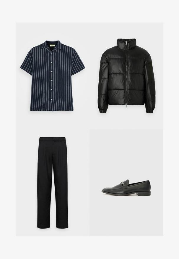 Fekete puffernadrág magas gallérral, cipzáras elülső záródással, steppelt kialakítással, elasztikus mandzsettákkal és fényes, sima szövetfelülettel.; Rövidujjú, gombos ing sötét tengerészkék színben, függőleges fehér csíkokkal. Puha anyag, klasszikus gallér és finoman textúrázott felület.; Fekete nadrág sima anyagból, egyenes szárú fazonnal, két elülső redővel és közönséges derékkal, övhurkokkal.; Fekete bőr loaferek sima felülettel, varrott mintával és díszítő fém lánccal a cipő elején. Lapos sarok.