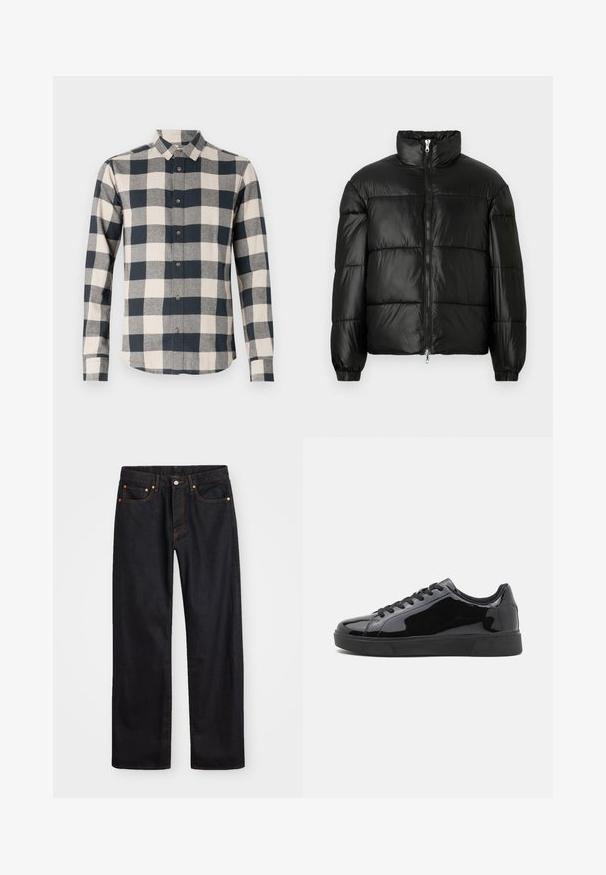 Černá péřová bunda s vysokým límcem, zapínáním na zip, prošívaným designem, elastickými manžetami a lesklým, hladkým povrchem.; Košile s dlouhým rukávem v námořnické modré a krémové kostkované vzoru, s límečkem na knoflíky, bavlněný materiál, s zaobleným lemem a kontrastními knoflíky.; Pánské černé džíny rovného střihu s pěti kapsami a oranžovým prošíváním, s knoflíkem a zipem na předním pásku.; Černé lakované kožené tenisky s kulatou špičkou, plochou gumovou podrážkou a černými tkaničkami. Hladký, lesklý povrch na vrchní části.