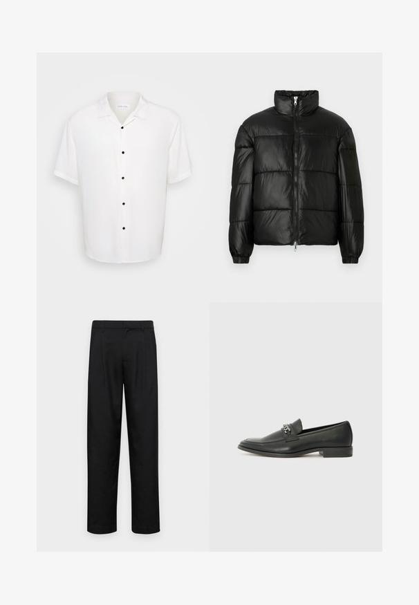 Črna pufasta jakna z visokim ovratnikom, z zadrgo spredaj, prešito zasnovo, elastičnimi manšetami in sijočim, gladkim zaključkom tkanine.; Bela srajica s kratkimi rokavi, ki ima ovratnik in pet črnih gumbov spredaj, izdelana iz gladkega, lahkega materiala.; Črne hlače iz gladkega materiala, s krojem ravne noge, dvema sprednjima pregiboma in standardnim pasom z zankami za pas.; Črni usnjeni loafer z gladko površino, ki ima šivano zasnovo in dekorativni kovinski verižni naglas preko vampirja. Ravno peto.
