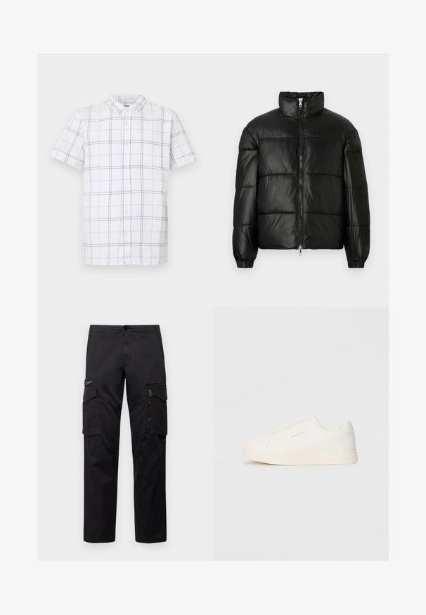 Črna pufasta jakna z visokim ovratnikom, z zadrgo spredaj, prešito zasnovo, elastičnimi manšetami in sijočim, gladkim zaključkom tkanine.; Kratka majica s kratkimi rokavi, izdelana iz belega blaga s črno mrežasto vzorcem; ima ovratnik, naguban žep in teksturirano površino.; Črne cargo hlače z več žepi, z zadrgo na stegnu, ravnim krojem in trdnim bombažnim materialom z rahlo sijajem.; Bele zapete brez vezalk z teksturirano površino, debelim podplatom in minimalističnim dizajnom. Na strani se nahaja logotip blagovne znamke.