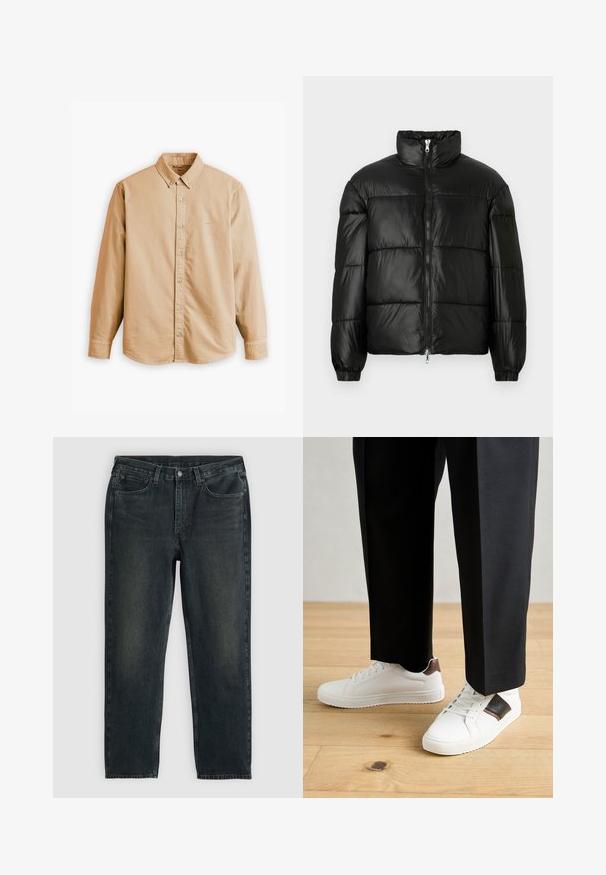 Czarna kurtka puchowa z wysokim kołnierzem, zapięciem na zamek błyskawiczny z przodu, pikowanym wzorem, elastycznymi mankietami oraz błyszczącym, gładkim wykończeniem materiału.; Levi's® - Koszula; Czarnje dżinsy z prostym krojem nogawki, pięcioma kieszeniami i subtelnymi detalami w postaci wyblednięcia. Posiadają zapięcie na guzika i zamek.; Białe trampki o gładkiej fakturze, z brązowymi skórzanymi akcentami i czarnymi detalami, zestawione z czarnymi eleganckimi spodniami. Tło stanowi drewniana podłoga.