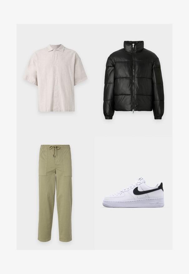 Čierna páperová bunda s vysokým golierom, predným zipsom, prešívaným dizajnom, elastickými manžetami a lesklým hladkým materiálom.; Svetlošedá košeľa s krátkym rukávom vyrobená z ľanu. Má zapínanie na gombíky, plochý golier a voľný strih s príjemnou textúrou.; Svetlo olivové nohavice vyrobené z zmesi bavlny, s elastickým pásom na šnúrku a dvoma veľkými bočnými vreckami.; Biele kožené tenisky s textúrovaným čiernym Swooshom, plochými šnúrkami a gumovou podrážkou s ryhovaným vzorom. Na päte je embosovaný nápis "AIR".