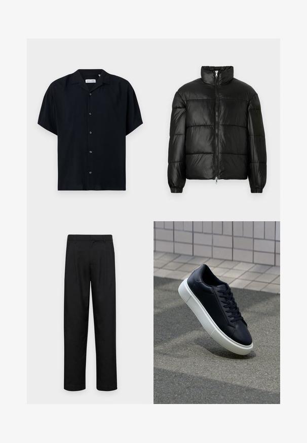 Juodas pūkinis švarkas su aukštu apykakle, užtrauktuko priekyje, siuvinėtu dizainu, elastingais rankogaliais ir blizgia, lygiąja audinio apdaila.; Trumpas rankovėmis juodas marškinėlis, pagamintas iš lengvos medžiagos, su apykakle, mygtukų užsegimu ir laisvu siluetu. Paprastas, vienspalvis dizainas be raštų.; Juodi kelnių modeliai, pagaminti iš lygios medžiagos, turi tiesią kojas, du priekiniai klostės ir standartinę juosmenį su diržo kilpomis.; Juodas odinis sportbačius su apvaliu pirštu ir baltu gumuotu padu. Turi plokščias raišteles ir minimalų siuvimą viršuje. Padangos tekstūra užtikrina sukibimą.