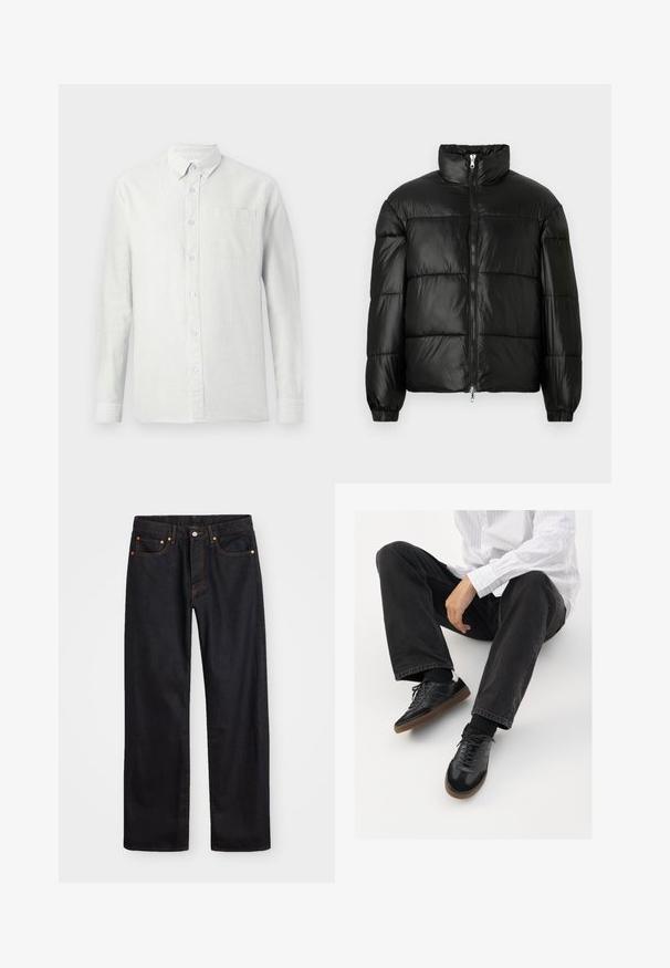 Czarna kurtka puchowa z wysokim kołnierzem, zapięciem na zamek błyskawiczny z przodu, pikowanym wzorem, elastycznymi mankietami oraz błyszczącym, gładkim wykończeniem materiału.; Jasny, długi rękaw, koszula w pionowe paski, z kołnierzykiem zapinanym na guziki i kieszenią na piersi. Materiał wydaje się teksturowany z miękkim wykończeniem.; Męskie jeansy w prostym kroju, czarne, z pięcioma kieszeniami oraz pomarańczowymi strefami, z zapięciem na guzik i zamek z przodu w pasie.; Czarne sneakersy z gładką i textured cholewką, z gumową podeszwą i ciemnymi sznurowadłami. Połączone z czarnymi dżinsami i bluzką w białe paski.