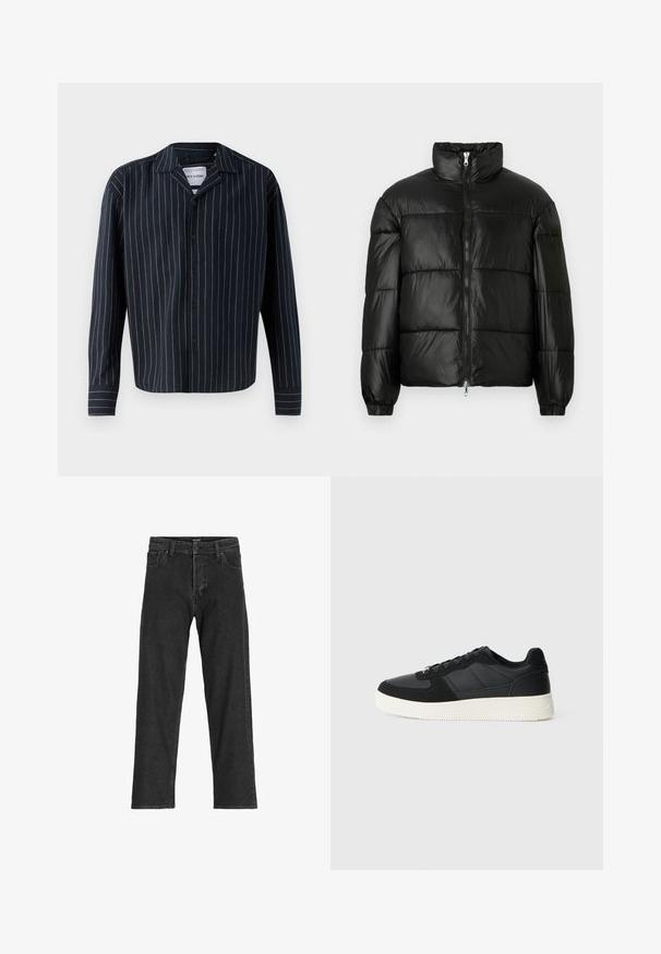 Černá péřová bunda s vysokým límcem, zapínáním na zip, prošívaným designem, elastickými manžetami a lesklým, hladkým povrchem.; Námořnická modrá košile na knoflíky s vertikálními bílými a béžovými pruhy, s límečkem, dlouhými rukávy a rovnou spodní částí. Měkká tkanina.; Černé džíny s rovnými nohavicemi, s zipem na přední části, poutky na pásek a šesti kapsami, vyrobené z odolné bavlněné směsi.; Černé nízké tenisky s texturovanou kůží a suédovými panely, bílé gumové podrážky a černé tkaničky na jednoduchém světlém pozadí.