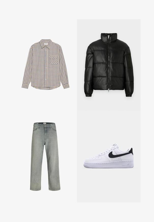 Giacca a vento nera con colletto alto, chiusura frontale con zip, design trapuntato, polsini elasticizzati e finitura in tessuto lucido e liscio.; Camicia a maniche lunghe in plaid beige con quadrati blu, dotata di colletto button-down e una tasca sul lato sinistro del petto con un motivo a quadri diagonali.; Jeans grigi chiaro, con vestibilità comoda, realizzati in denim. Presentano un classico design a cinque tasche, passanti per cintura e una silhouette a gamba dritta.; Sneaker bianca in pelle con un Swoosh nero testurizzato, lacci piatti e una suola in gomma con un motivo a righe. "AIR" è impresso sul tallone.