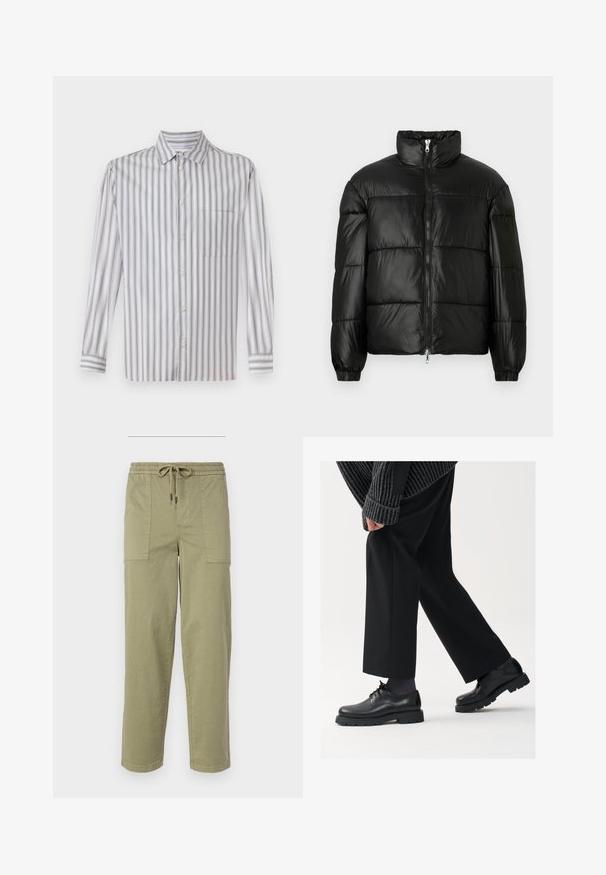 Giacca a vento nera con colletto alto, chiusura frontale con zip, design trapuntato, polsini elasticizzati e finitura in tessuto lucido e liscio.; Camicia button-up grigia chiara con strisce bianche verticali, maniche lunghe, colletto, tasca sul petto singola e una trama sottile.; Pantaloni verde oliva chiaro realizzati in tessuto misto cotone, con una vita elasticizzata e cordoncino, e due ampie tasche laterali.; Scarpe in pelle nera con punta arrotondata, design con lacci e suola spessa e texture. Indossate con pantaloni neri su misura e un maglione a coste.