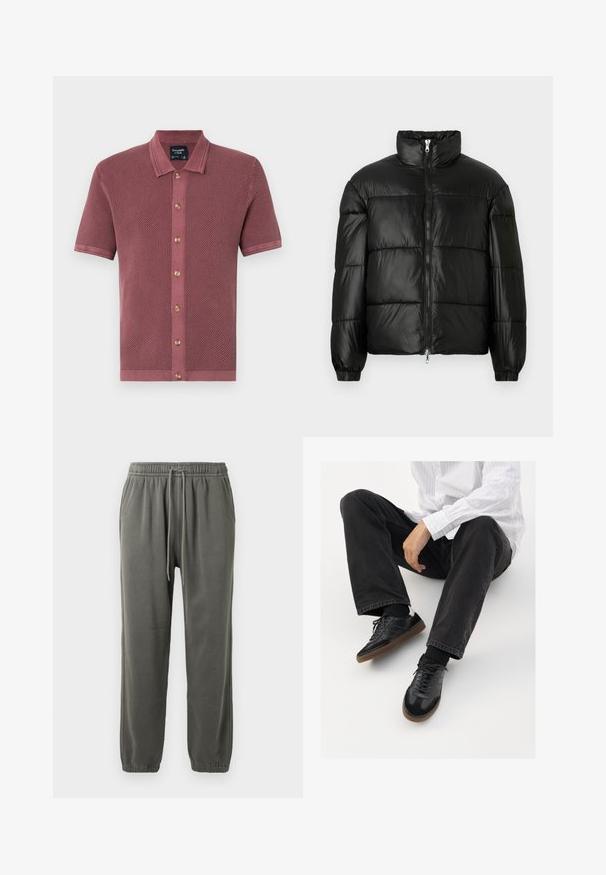 Mustat puffer-takki korkealla kauluksella, vetoketjukiinnitys edessä, tikattu malli, joustavat hihansuut ja kiiltävä, sileä kangasviimeistely.; Paita polo lyhythihainen, teksturoitu vaaleanpunaisessa sävyssä, jossa on nappisuljenta puunappein ja kontrastivälinen kaulus.; Harmaat verkkarit, jotka on valmistettu pehmeästä kankaasta. Niissä on joustava vyötärönyöri, sivutaskut ja joustavat hihnat nilkassa.; Mustat tennarit, joissa on sileä ja teksturoitu päällyste, varustettuna kumipohjalla ja tummilla nauhoilla. Yhdistetty mustiin farkkuihin ja valko-raitaiseen paitaan.