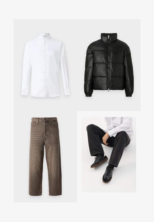 Fekete puffernadrág magas gallérral, cipzáras elülső záródással, steppelt kialakítással, elasztikus mandzsettákkal és fényes, sima szövetfelülettel.; Fehér, hosszúujjú, gombos ing pamutból, klasszikus gallérral, egyenes szabással és sima textúrával, az azonos színű gombokkal.; Barna, széles lábú farmernadrág, denim anyagból készült. Cipzáras záródás, övbújtatók és öt zseb található rajta. Az anyag megjelenése halvány pattanásos hatású.; Fekete tornacipők sima és texturált felsőrészel, gumitalppal és sötét cipőfűzőkkel. Fekete farmernadrággal és fehér csíkos inggel párosítva.