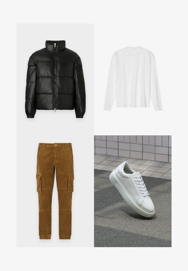 Black puffer jacket with a high collar, zip front closure, quilted design, elastic cuffs, and shiny, smooth fabric finish.; Long-sleeve white cotton t-shirt with a crew neck and ribbed cuffs. Simple, unembellished design, featuring smooth texture and standard fit.; Brown corduroy cargo pants with a tapered fit, featuring side pockets, a button closure, and elastic cuffs at the ankles.; White leather sneaker with a smooth surface, round toe, and flat white laces. Features a textured rubber sole and minimal design elements.