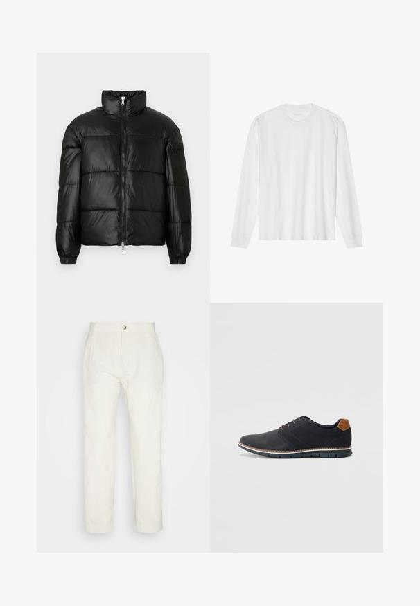 Črna pufasta jakna z visokim ovratnikom, z zadrgo spredaj, prešito zasnovo, elastičnimi manšetami in sijočim, gladkim zaključkom tkanine.; Bela bombažna majica z dolgimi rokavi in posadnim izrezom ter rebrastimi manšetami. Preprost, neokrašen dizajn, ki se ponaša z gladko teksturo in standardnim krojem.; Esprit STRAIGHT PLEAT - Hlače - off white; Črne sintetične čevlje z teksturirano zgornjščino, gladkimi akcenti, rjavim petnim delom in kontrastnim podplatom. Imajo minimalno vezanje in detajle šivanja.