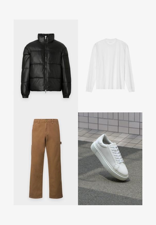 Casaco puffer preto com gola alta, fecho frontal em zíper, design acolchoado, punhos elásticos e acabamento de tecido brilhante e suave.; Camiseta de algodão branca de mangas longas com gola redonda e punhos canelados. Design simples e limpo, apresentando uma textura suave e um ajuste padrão.; Calças cargo de algodão castanhas com pernas retas, apresentando bolsos laterais e um fecho de botão metálico na cintura. Textura suave e design casual.; Tênis de couro branco com superfície lisa, bico redondo e cadarços brancos planos. Apresenta uma sola de borracha texturizada e elementos de design minimalistas.