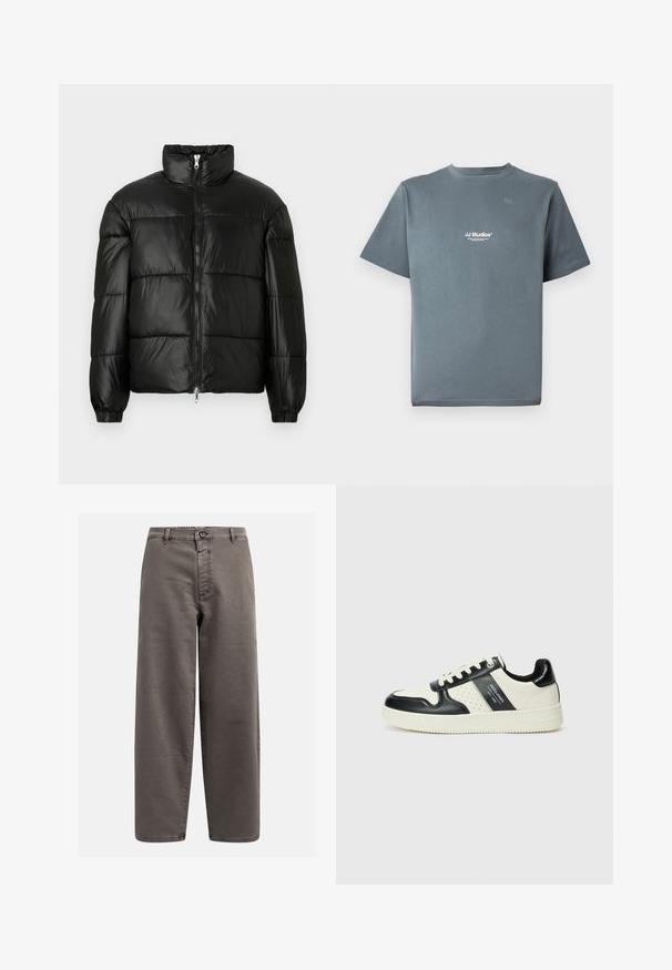 Casaco puffer preto com gola alta, fecho frontal em zíper, design acolchoado, punhos elásticos e acabamento de tecido brilhante e suave.; T-shirt cinza de algodão com decote redondo, mangas curtas e um pequeno logótipo branco "JJ Studios" no peito. Textura suave e corte descontraído.; Calças largas cinzentas feitas de uma mistura de algodão; apresentam um fecho de botão, passantes para cinto e bolsos frontais; textura suave e durável.; Ténis de couro com um esquema de cores em preto e creme, apresentando detalhes perfurados, um colarinho acolchoado e uma sola texturizada.