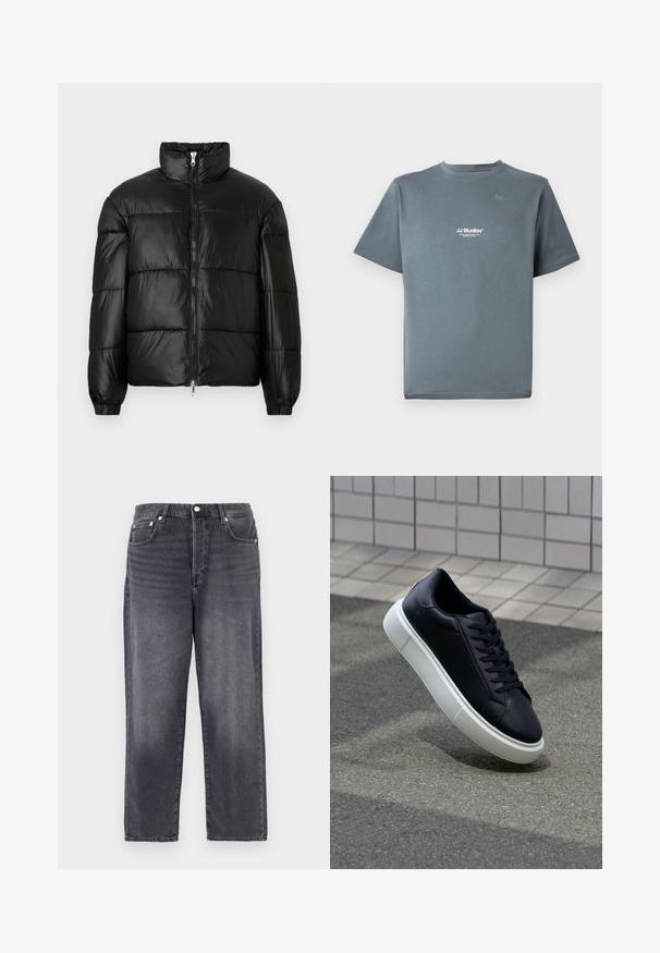 Casaco puffer preto com gola alta, fecho frontal em zíper, design acolchoado, punhos elásticos e acabamento de tecido brilhante e suave.; T-shirt cinza de algodão com decote redondo, mangas curtas e um pequeno logótipo branco "JJ Studios" no peito. Textura suave e corte descontraído.; Jeans de denim cinza escuro com um design de perna reta, cinco bolsos e ferragens metálicas. O tecido tem uma textura sutil e acentos desgastados.; Sapatilha de couro preto com bico arredondado e sola de borracha branca. Apresenta atacadores planos e costuras mínimas na parte superior. Sola texturizada para melhor aderência.