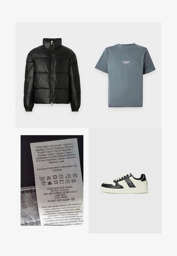 Casaco puffer preto com gola alta, fecho frontal em zíper, design acolchoado, punhos elásticos e acabamento de tecido brilhante e suave.; T-shirt cinza de algodão com decote redondo, mangas curtas e um pequeno logótipo branco "JJ Studios" no peito. Textura suave e corte descontraído.; Etiqueta de cuidados branca com texto preto a listar instruções de cuidados em várias línguas. Apresenta símbolos para lavagem, secagem e passagem a ferro. 100% algodão.; Ténis de couro com um esquema de cores em preto e creme, apresentando detalhes perfurados, um colarinho acolchoado e uma sola texturizada.