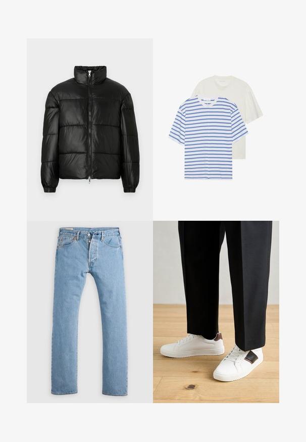 Chaqueta de pluma negra con un cuello alto, cierre frontal con cremallera, diseño acolchado, puños elásticos y acabado de tela brillante y suave.; Dos camisetas de manga corta: una blanca con rayas azules y una de color crema claro sólido. Material de algodón suave, diseño de cuello redondo, ajuste relajado.; Jeans de mezclilla azul claro de pierna recta con cierre de botones, presillas para cinturón y bolsillos delanteros y traseros, mostrados sobre un fondo blanco.; Zapatillas blancas con textura suave, con acentos de cuero marrón y detalles en negro, combinadas con pantalones negros ajustados. Fondo de suelo de madera.