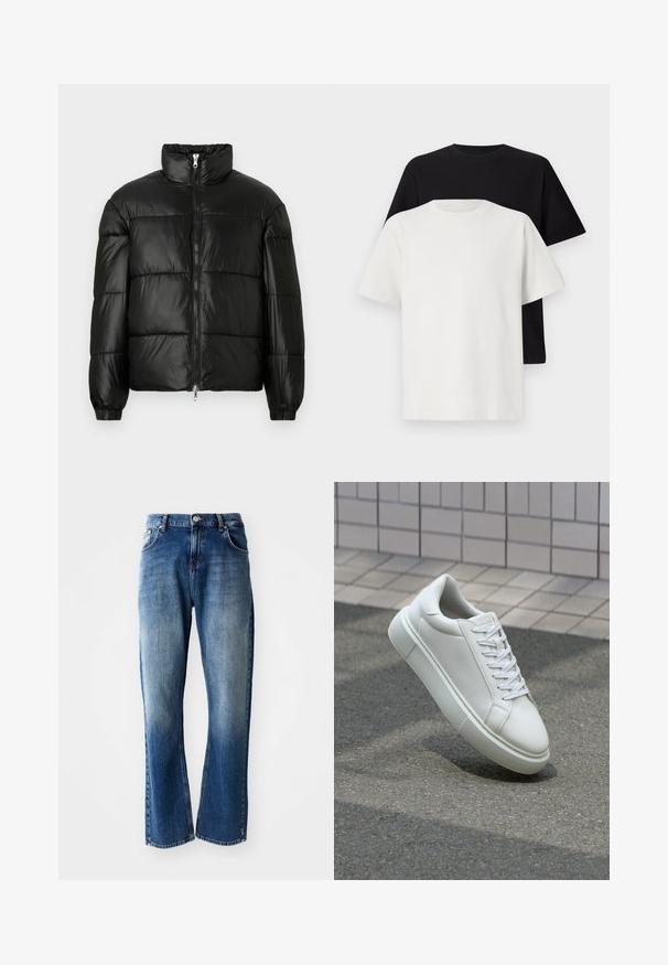 Juodas pūkinis švarkas su aukštu apykakle, užtrauktuko priekyje, siuvinėtu dizainu, elastingais rankogaliais ir blizgia, lygiąja audinio apdaila.; Medvilniniai marškiniai, kuriuos sudaro juodas ir baltas marškinėliai, abu su trumpomis rankovėmis, apvaliu iškirpimu ir standartiniu sijonu. Tekstūruota medžiaga.; Džinsai su tiesiu kirpimu, šviesiai ir tamsiai mėlyna skalbimo spalva su išblukimu, penkios kišenės ir mygtukų užsegimas.; Balti odiniai sportbačiai su lygiu paviršiumi, apvalia nosimi ir plokščiomis baltomis raištelėmis. Yra tekstūruotas gumos padas ir minimalizmas dizaino elementuose.