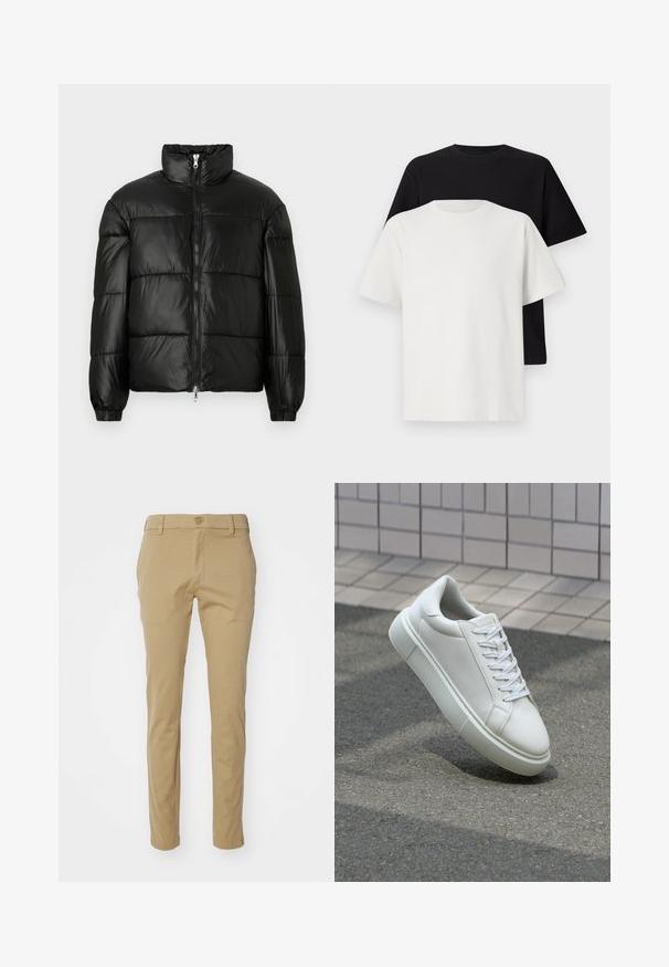 Must mustaga jakker, millel on kõrge krae, luku esikinnitus, tikanditud disain, elastsed mansetid ja läikiv, sile kangast viimistlus.; Puuvillane t-särkide komplekt, mis sisaldab musta ja valget särk, mõlemad lühikeste varrukatega, ümmarguse kaelusega ja standardse lõikega. Tekstuuriga kangas.; Khaki püksid, mis on valmistatud kerge puuvilla materjalist, slim-fit disainiga, sujuva tekstuuri ja tavalise vöökohtadega, millel on ülemine nupp.; Valge nahkline sneka, millel on sile pind, ümar varvas ja lame valge pael. Omab tekstuuriga kummist talla ja minimaalset kujunduselementi.