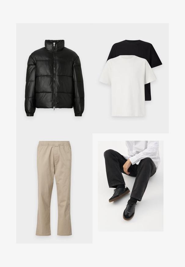 Juodas pūkinis švarkas su aukštu apykakle, užtrauktuko priekyje, siuvinėtu dizainu, elastingais rankogaliais ir blizgia, lygiąja audinio apdaila.; Medvilniniai marškiniai, kuriuos sudaro juodas ir baltas marškinėliai, abu su trumpomis rankovėmis, apvaliu iškirpimu ir standartiniu sijonu. Tekstūruota medžiaga.; Šviesiai rudos medvilninės kelnės su elastingu juosmeniu, tiesaus kirpimo dizainu ir šoninėmis kišenėmis, pasižyminčios lygaus paviršiaus tekstūra ir be raštų.; Juodi sportbačiai su lygiu ir tekstūruotu paviršiumi, turi guminį padas ir tamsias raištelius. Suderinti su juodomis džinsais ir balta juostuota marškinėliais.