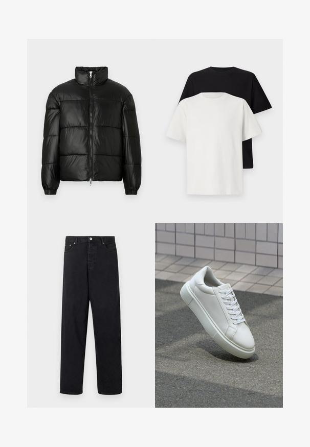 Črna pufasta jakna z visokim ovratnikom, z zadrgo spredaj, prešito zasnovo, elastičnimi manšetami in sijočim, gladkim zaključkom tkanine.; Set bombažnih majic, ki vključuje črno in belo majico, obe z kratkimi rokavi, okroglim izrezom in standardnim krojem. Teksturirana tkanina.; Črne hlače z visokim pasom, ravnimi nogavicami, z zapiranjem na gumb, zankami za pas in sprednjimi ter zadnjimi žepi na beli podlagi.; Bela usnjena teniska obutev z gladko površino, okroglo konico in ravnimi belimi vezalkami. Ima teksturiran gumijast podplat in minimalne oblikovalske elemente.