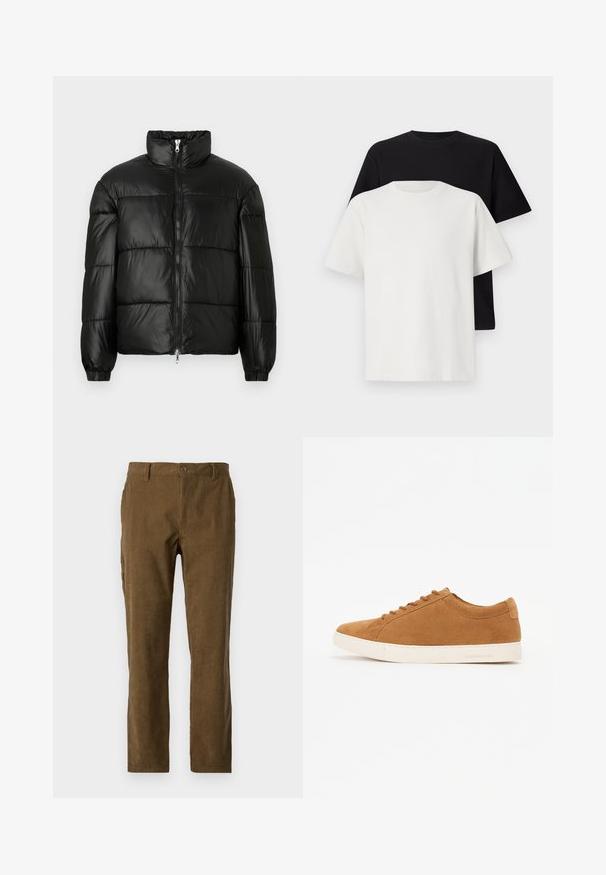 Black puffer jacket with a high collar, zip front closure, quilted design, elastic cuffs, and shiny, smooth fabric finish.; Cotton t-shirt set featuring a black top and a white top, both with short sleeves, round neckline, and standard fit. Textured fabric.; Brown corduroy trousers with a straight cut, featuring vertical ridges, a button front, and side pockets for added utility.; Brown suede sneakers with a low-top design, white rubber sole, and round toe. Features matching laces and minimal branding on the heel.