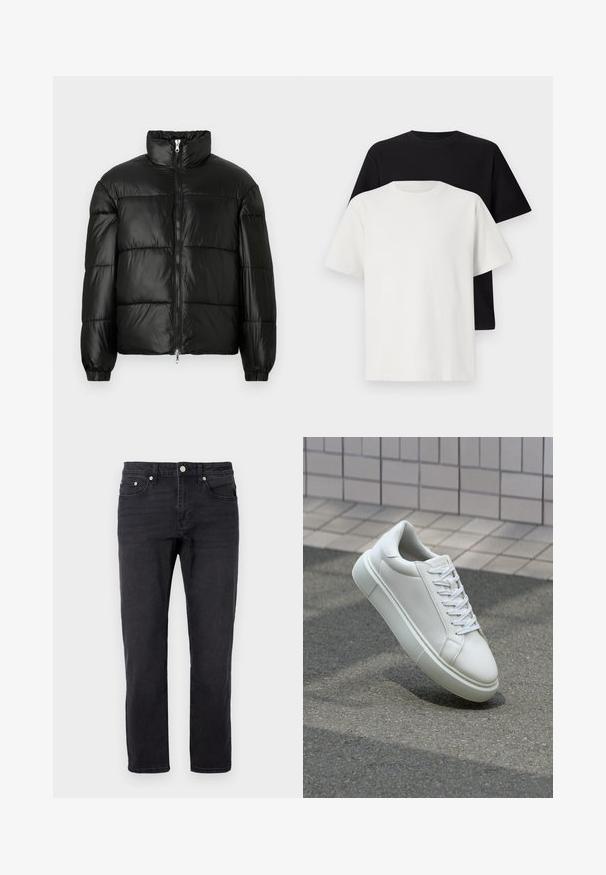 Čierna páperová bunda s vysokým golierom, predným zipsom, prešívaným dizajnom, elastickými manžetami a lesklým hladkým materiálom.; Bavlnená súprava tričiek, ktorá obsahuje čierne tričko a biele tričko, obe s krátkymi rukávmi, okrúhlym výstrihom a štandardným strihom. Textúrovaná látka.; Only & Sons ONSWEFT BOX - Džínsy s rovným strihom - washed black; Biele kožené tenisky s hladkým povrchom, okrúhlym špičkou a plochými bielymi šnúrkami. Obsahuje štruktúrovanú gumovú podrážku a minimalistický dizajn.