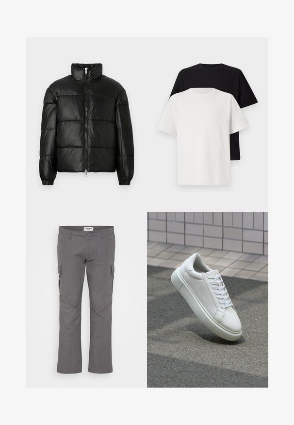 Casaco puffer preto com gola alta, fecho frontal em zíper, design acolchoado, punhos elásticos e acabamento de tecido brilhante e suave.; Conjunto de t-shirts em algodão, com uma preta e uma branca, ambas com mangas curtas, decote redondo e corte standard. Tecido texturizado.; Calças cargo cinzentas com um corte reto, feitas de um tecido de mistura de algodão. Apresenta vários bolsos laterais e uma cintura padrão. Textura suave.; Tênis de couro branco com superfície lisa, bico redondo e cadarços brancos planos. Apresenta uma sola de borracha texturizada e elementos de design minimalistas.