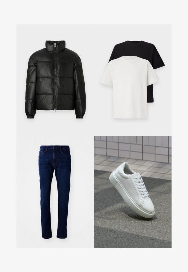 Svart pufferjakke med høy krage, glidelås foran, quiltet design, elastiske mansjetter og blank, glatt stofffinish.; Sett med bomull t-skjorter bestående av en svart topp og en hvit topp, begge med korte ermer, rund hals og standard passform. Teksturet stoff.; Mørkeblå denimjeans med rett ben, fem lommer og klassisk knappelukking. Stoffet har en jevn tekstur med subtil falming.; Hvit lær sneaker med glatt overflate, rund tå og flate hvite snøringer. Har en teksturert gummisåle og minimale design elementer.