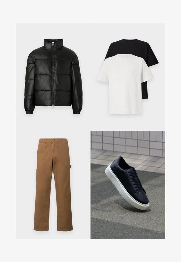 Chaqueta de pluma negra con un cuello alto, cierre frontal con cremallera, diseño acolchado, puños elásticos y acabado de tela brillante y suave.; Conjunto de camisetas de algodón que incluye una camiseta negra y una blanca, ambas con mangas cortas, escote redondo y corte estándar. Tejido texturizado.; Pantalones cargo de algodón marrón con piernas rectas, que presentan bolsillos laterales y un cierre de botón metálico en la cintura. Textura suave y diseño casual.; Zapatilla de cuero negro con punta redonda y suela de goma blanca. Presenta cordones planos y un mínimo de costuras en la parte superior. Suela texturizada para proporcionar agarre.