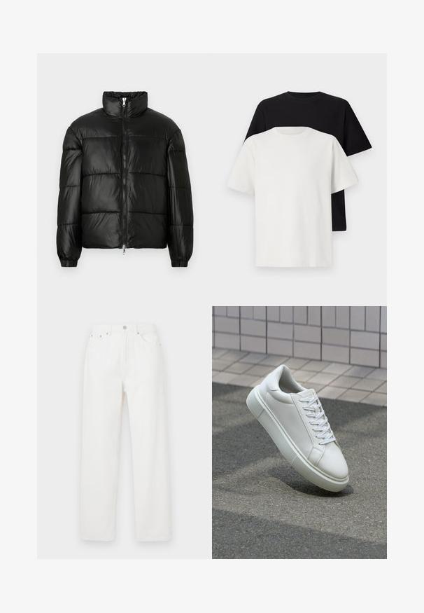 Čierna páperová bunda s vysokým golierom, predným zipsom, prešívaným dizajnom, elastickými manžetami a lesklým hladkým materiálom.; Bavlnená súprava tričiek, ktorá obsahuje čierne tričko a biele tričko, obe s krátkymi rukávmi, okrúhlym výstrihom a štandardným strihom. Textúrovaná látka.; Biele denimové nohavice so voľným strihom, s piatimi vreckami, predným zatvorením na gombík a rovnými nohavicami. Hladká textúra, bez viditeľných vzorov.; Biele kožené tenisky s hladkým povrchom, okrúhlym špičkou a plochými bielymi šnúrkami. Obsahuje štruktúrovanú gumovú podrážku a minimalistický dizajn.