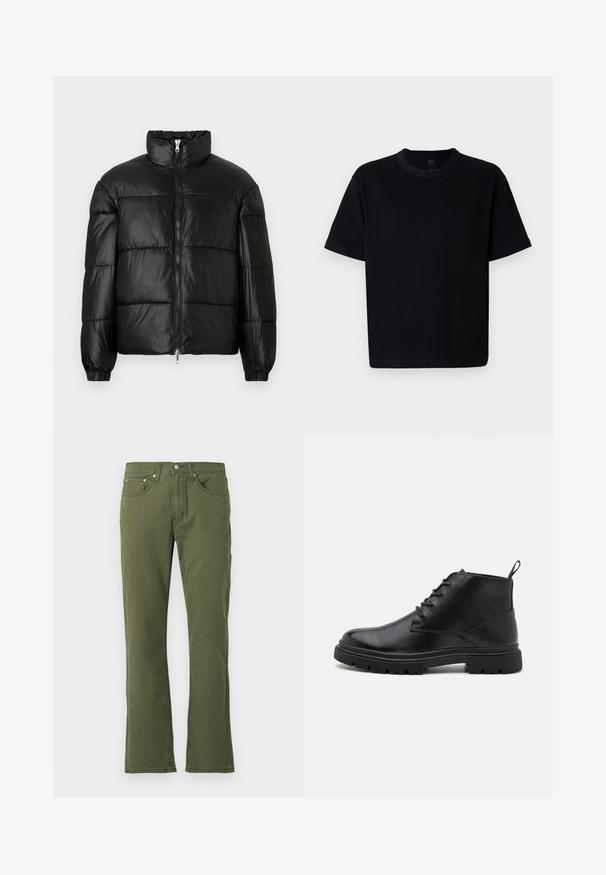 Fekete puffernadrág magas gallérral, cipzáras elülső záródással, steppelt kialakítással, elasztikus mandzsettákkal és fényes, sima szövetfelülettel.; Fekete pamut póló, kerek nyakkivágással, rövid ujjakkal és egyenes szabással. Minimalista varrással és puha, sima textúrával rendelkezik.; Olívazöld, bővülő farmerkék, amely pamutból készült, sima tapintással; öt zsebbel, gombos zárással és diszkrét varrással rendelkezik.; Fekete bőr bokacsizma fűzős elejével, texturált talppal és húzófüllel. Lekerekített orr és strapabíró, tapadást növelő gumitalp.