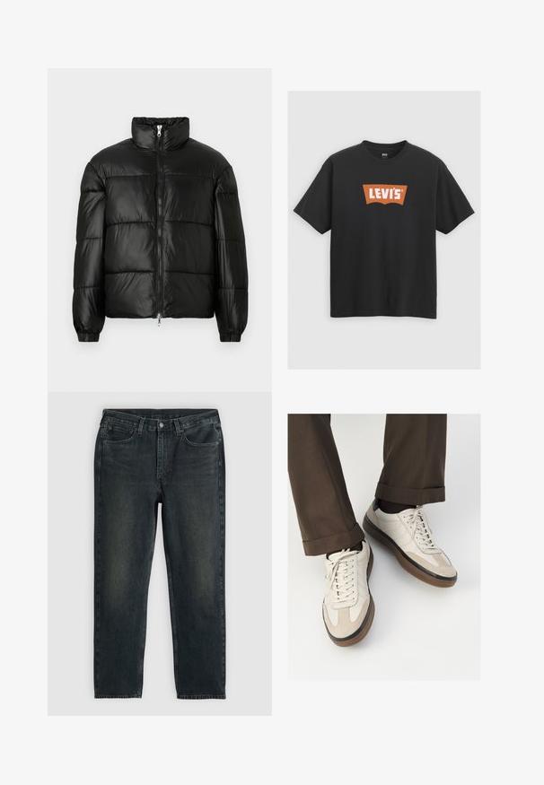 Svart puffjacka med hög krage, dragkedja fram, kviltat mönster, elastiska ärmslut och en blänkande, slät ytfinish.; Svart bomulls t-shirt med en stor orange Levi's-logotyp framtill, korta ärmar och rundad hals.; Mörkblå denimjeans med rak benstil, med fem fickor, dragkedja och kontrasterande sömmar. Subtil utblödning på tyget.; Beige sneakers med en texturerad mockafront, släta lädersidor och en brun gummisula. Snörning och ljusa sömdetaljer ingår.