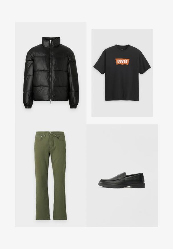 Casaco puffer preto com gola alta, fecho frontal em zíper, design acolchoado, punhos elásticos e acabamento de tecido brilhante e suave.; T-shirt de algodão preto com um grande logótipo laranja da Levi's na frente, mangas curtas e design de gola redonda.; Jeans verdes-oliva brilhantes, feitos de algodão com uma textura suave; apresentam cinco bolsos, fechamento com botão e detalhes de costura sutis.; Sapatos mocassins de couro preto com acabamentos lisos, parte superior em estilo mocassins, detalhes em costura e sola de borracha. Design clássico com um salto baixo.