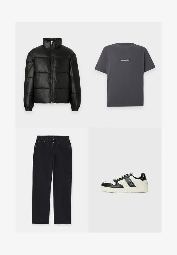 Casaco puffer preto com gola alta, fecho frontal em zíper, design acolchoado, punhos elásticos e acabamento de tecido brilhante e suave.; T-shirt de algodão cinza escuro com mangas curtas, gola redonda, e texto bordado em branco "Original Studio" no peito. Design simples.; Calças de ganga pretas com corte reto, design de cinco bolsos, acessórios em metal e detalhes de costura subtil. Textura suave, design minimalista.; Ténis de couro com um esquema de cores em preto e creme, apresentando detalhes perfurados, um colarinho acolchoado e uma sola texturizada.