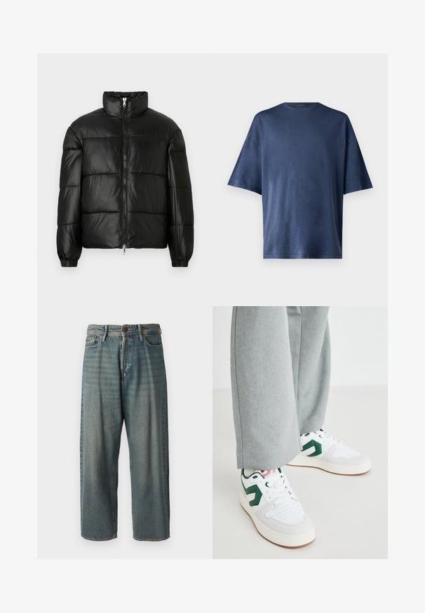 Černá péřová bunda s vysokým límcem, zapínáním na zip, prošívaným designem, elastickými manžetami a lesklým, hladkým povrchem.; Tmavě modré tričko s krátkým rukávem, vyrobené z měkké tkaniny, má klasický kulatý výstřih a volný střih, bez viditelných vzorů nebo akcentů.; Světle modré denimové džíny s volným střihem, středně vysokým pasem a rovnými nohavicemi. Obsahují pět kapes, poutka na opasek a zapínání na knoflík.; Bílé a zelené tenisky vyrobené z hladké kůže a semiše, s výrazným zeleným logem a bílými tkaničkami. Šedé kalhoty částečně viditelné.