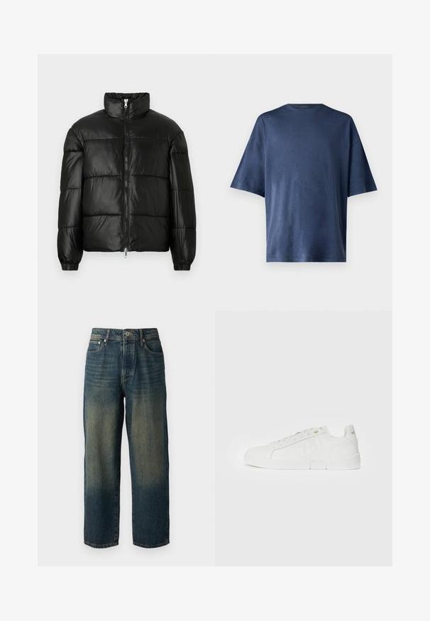 Juodas pūkinis švarkas su aukštu apykakle, užtrauktuko priekyje, siuvinėtu dizainu, elastingais rankogaliais ir blizgia, lygiąja audinio apdaila.; Tamsiai mėlynas trumpomis rankovėmis marškinėliai, pagaminti iš minkštos medžiagos, pasižymi klasikinio apvalaus kaklo ir laisvo kirpimo, be matomų raštų ar akcentų.; Mėlyni džinsai su tiesiu kirpimu, turintys išblukusį dizainą su šviesesnėmis atspalviais link apvado, penkios kišenės ir mygtukų uždarymas.; Replay POLYS DEBOSS - Sportbačiai - white