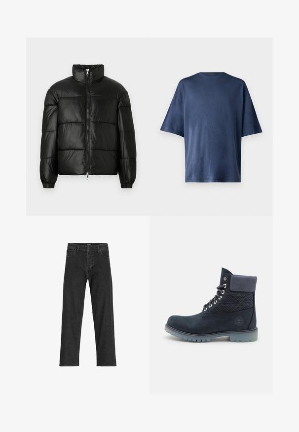 Geacă neagră din material puffy, cu guler înalt, închidere cu fermoar pe față, design matlasat, mansete elastice și finisaj din țesătură lucioasă și netedă.; Tricou navy blue cu mânecă scurtă, realizat dintr-un material moale, prezintă un guler clasic și o croială lejeră, fără modele sau accente vizibile.; Jeans negri din denim cu un design drept, dotate cu fermoar, curea pentru centură și șase buzunare, fabricate dintr-un material robust din bumbac.; Timberland Botine cu șireturi - navy