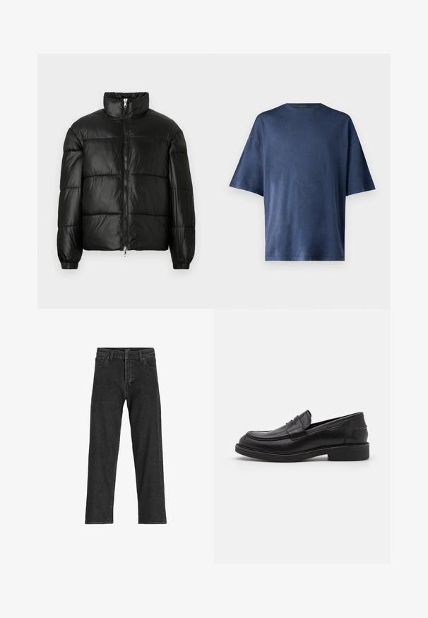 Mustat puffer-takki korkealla kauluksella, vetoketjukiinnitys edessä, tikattu malli, joustavat hihansuut ja kiiltävä, sileä kangasviimeistely.; T-paita tummansinisestä pehmeästä kankaasta, lyhythihainen, klassinen pyöreä kaula-aukko ja rento istuvuus, ilman näkyviä kuvioita tai yksityiskohtia.; Mustat denimit, joissa on suora lahkeidesign, varustettu vetoketjulla, vyölenkeillä ja kuudella taskulla, valmistettu tukevasta puuvillasekoitekangasta.; Mustat nahka loaferit pyöreällä varvassuojalla, sävyyn sovitettu ompelu ja etuosassa vyöyksikkö. Kumipohja ja matala korko.