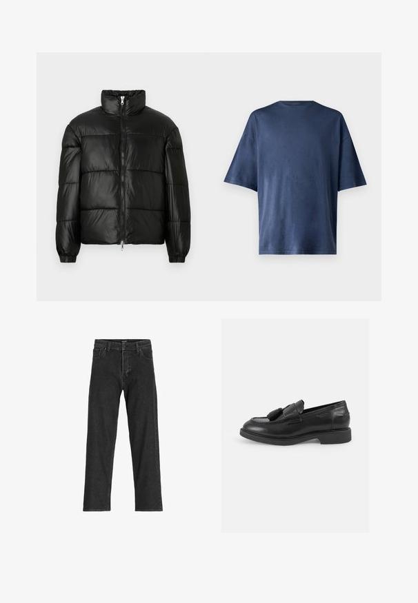 Black puffer jacket with a high collar, zip front closure, quilted design, elastic cuffs, and shiny, smooth fabric finish.; Navy blue short-sleeve T-shirt, made of soft fabric, features a classic crew neck and relaxed fit, with no visible patterns or accents.; Black denim jeans with a straight leg design, featuring a zip fly, belt loops, and six pockets, made from a sturdy cotton blend fabric.; Black leather loafers with a rounded toe, decorative tassels, stitched detailing, and a low rubber sole. Classic slip-on design.